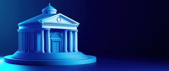 Poster - A blue 3D model of a classical building with columns, symbolizing architecture and design.