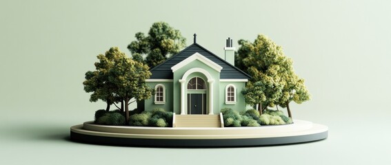 Poster - A stylized house surrounded by trees and greenery on a circular base.