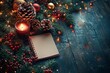 © TYNQ - A cozy holiday scene with a candle, pinecones, and a blank notebook amidst festive decorations.