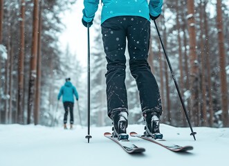 Mountaineer backcountry ski walking ski alpinist in the mountains. Ski touring in alpine landscape with snowy trees. Adventure winter sport.