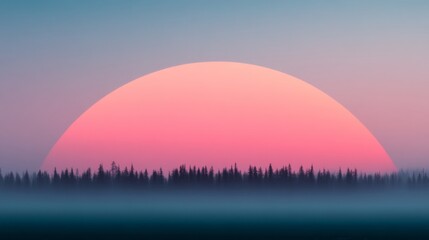 Wall Mural - Sunset Dreamscape: A mesmerizing panoramic view of a colossal, pink sun setting behind a misty forest, creating an ethereal and dreamlike atmosphere.  