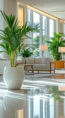 Aufkleber - Luxurious lobby with modern furniture, large windows, and lush potted plants.