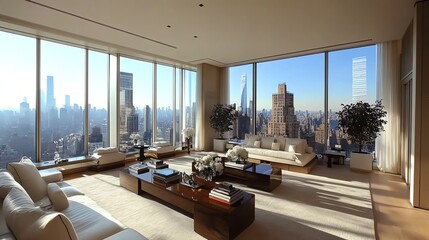Aufkleber - Luxurious living room with panoramic city views, featuring modern furniture and large windows.