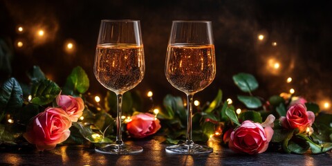 Wall Mural - Two elegant glasses of champagne clink together, symbolizing romance and celebration, perfect for a Valentine's Day toast to love and companionship.