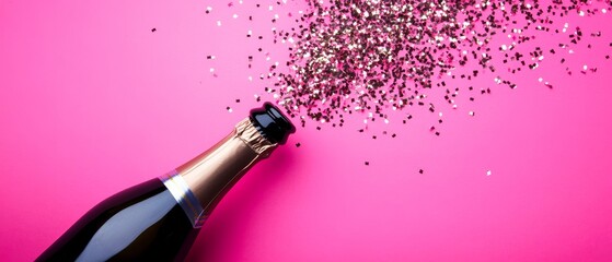 Wall Mural - A striking bottle of champagne set against a vibrant pink background, adorned with festive confetti, perfect for celebrating love on Valentine's Day.