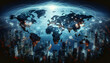 © third_3rd - Logistic Illustration of trade lines crossing a world map over a digital city at night, representing the com4