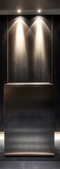 Wall Mural - 53. A modern podium with a brushed metallic surface, under soft lighting, offering ample space for product display.