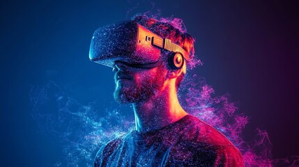 Fototapete - Man wearing VR headset, immersed in vibrant digital world.