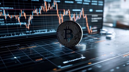 Fototapete - Futuristic and cinematic Bitcoin chart data visualization showcasing dynamic market fluctuations and trends in a neon infused aesthetically pleasing and technologically advanced style