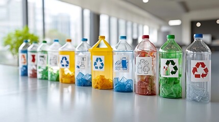Poster - Recycling bins with clear labels for plastic glass and paper waste highlighting an organized and efficient system for waste sorting and processing towards a more sustainable environment