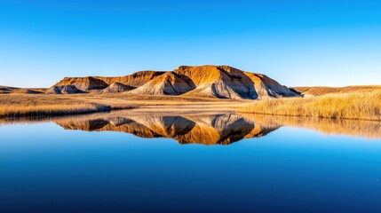 Wall Mural - a serene landscape featuring colorful hills reflecting in calm water under a clear blue sky, surroun