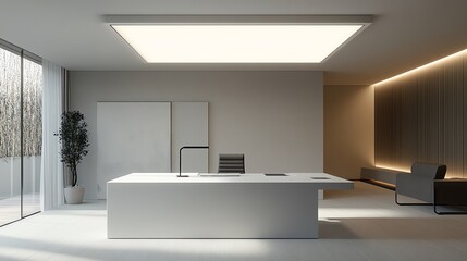 Aufkleber - Minimalist modern office interior design with large desk, seating, and natural light.