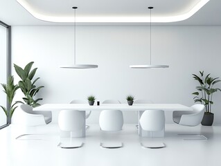 Aufkleber - Minimalist white dining room with modern furniture, plants, and large window.