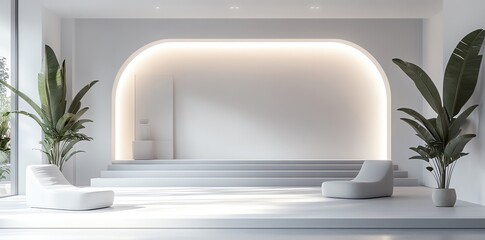 Aufkleber - Minimalist white room with arched alcove, plants, and lounge chairs.