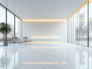 Aufkleber - Minimalist white room with large windows, terrazzo floor, and modern lounge chairs.