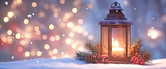 Wall Mural - a christmas lantern with a glowing candle, surrounded by pine cones and red berries, resting on snow