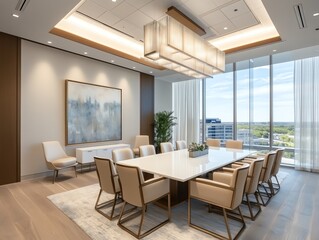 Poster - Modern boardroom with large window, city view, and neutral decor.