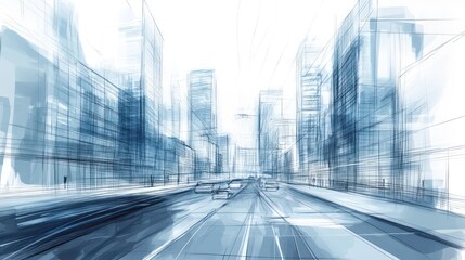 Wall Mural - a watercolor illustration of a modern city skyline with tall buildings, cars on the street, and tree