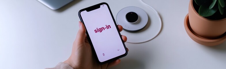 Leinwandbilder - A hand holding a smartphone displaying a sign-in screen on a minimalist desk setup.