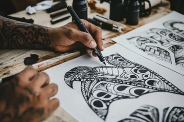 Poster - A person drawing intricate designs on paper with tattooed hands, showcasing artistic creativity.