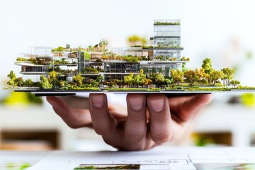 Poster - A hand holds a miniature model of a modern, green architectural design with lush vegetation.