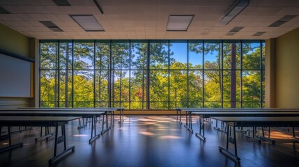 Aufkleber - A modern classroom with large windows showcasing a vibrant natural landscape outside.
