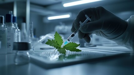 Aufkleber - A hand injects a syringe into a cannabis leaf in a laboratory setting.