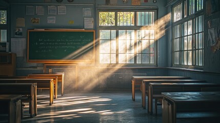 Aufkleber - A sunlit classroom with desks and a chalkboard, evoking a serene learning environment.