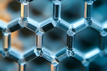abstract metallic honeycomb structure in blue and silver tones  macro photography  close up detail  geometric pattern  texture background
