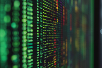 abstract green and red code on computer monitor screen close up