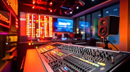 Aufkleber - A modern audio mixing studio with vibrant lighting and sound equipment.