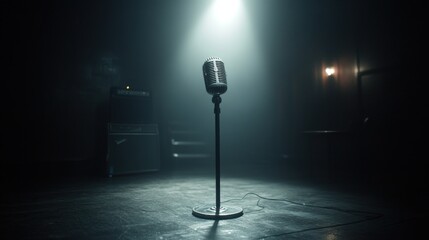 Poster - A vintage microphone stands alone in a dimly lit room, suggesting a performance or recording.