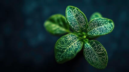 Wall Mural - a young plant sprout with circuit board patterns on its leaves against a dark blue background.