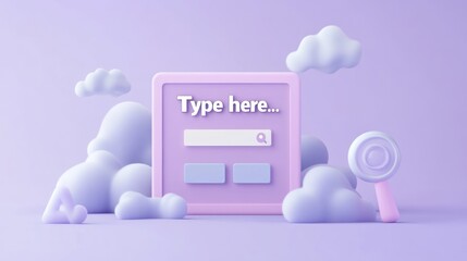 Fototapete - A pastel-themed search interface featuring clouds and a magnifying glass.