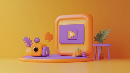 Poster - A colorful 3D scene featuring playful shapes and a media play button, suggesting digital content.