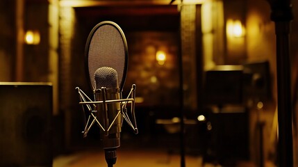Poster - A microphone stands in a dimly lit recording studio, ready for vocal capture.