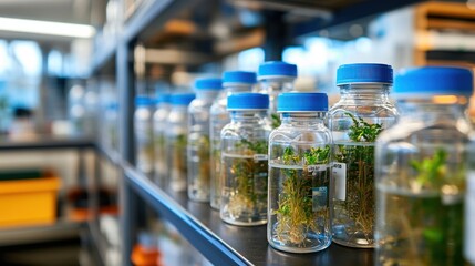 Aufkleber - Glass jars containing water and plant specimens in a laboratory setting.