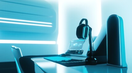 Fototapete - A modern gaming setup featuring a headset, keyboard, and illuminated design elements.