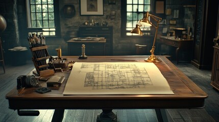 Poster - A vintage workspace featuring a drafting table with blueprints and tools for design.