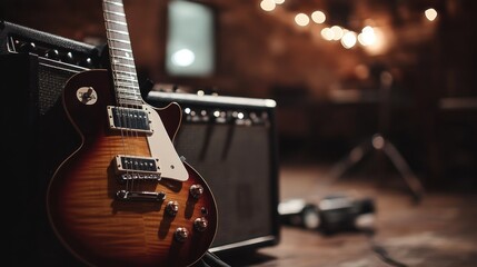 Aufkleber - A close-up of an electric guitar resting beside an amplifier in a cozy, dimly lit space.