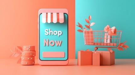 Aufkleber - A colorful digital shopping theme featuring a smartphone, shopping cart, and gifts.
