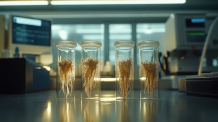 Aufkleber - Four glass vials containing root-like structures on a laboratory table.