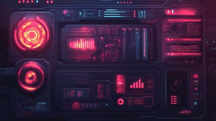 Canvas Print - futuristic sci-fi control panel with glowing red and blue lights.