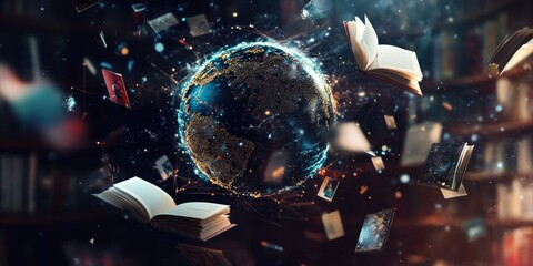 Aufkleber - A mystical globe surrounded by floating books, symbolizing knowledge and exploration.