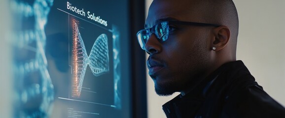 Poster - A focused individual examines a digital display related to biotechnology.