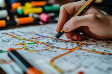 Poster - A hand coloring a detailed map with vibrant markers, showcasing urban layouts and routes.