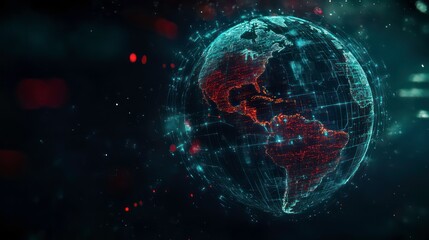 Wall Mural - the globe is enveloped in a blue and red digital network on a dark background, symbolizing connectiv