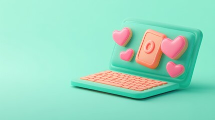 Poster - A stylized laptop with hearts, symbolizing love and connection in the digital age.