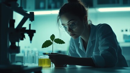 Poster - A scientist examines a plant in a lab, highlighting research in botany and environmental science.