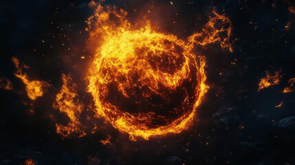 Wall Mural - The ball of fire appears almost suspended in the darkness, its flames illuminating the blackness around it with a fiery glow.